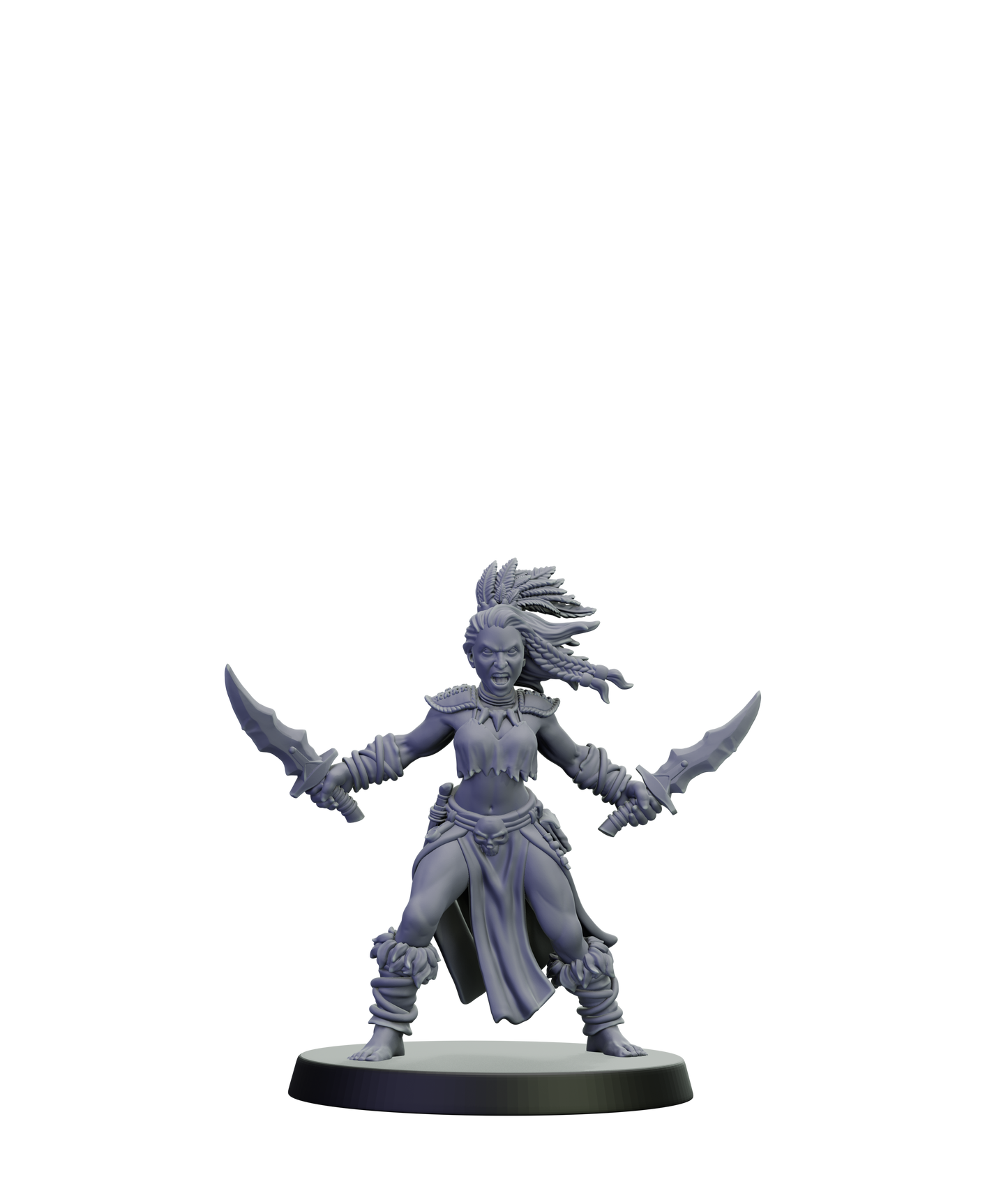 Gray miniature figurine of a warrior with weapons on a white background