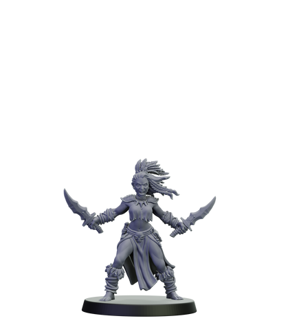 Gray miniature figurine of a warrior with weapons on a white background