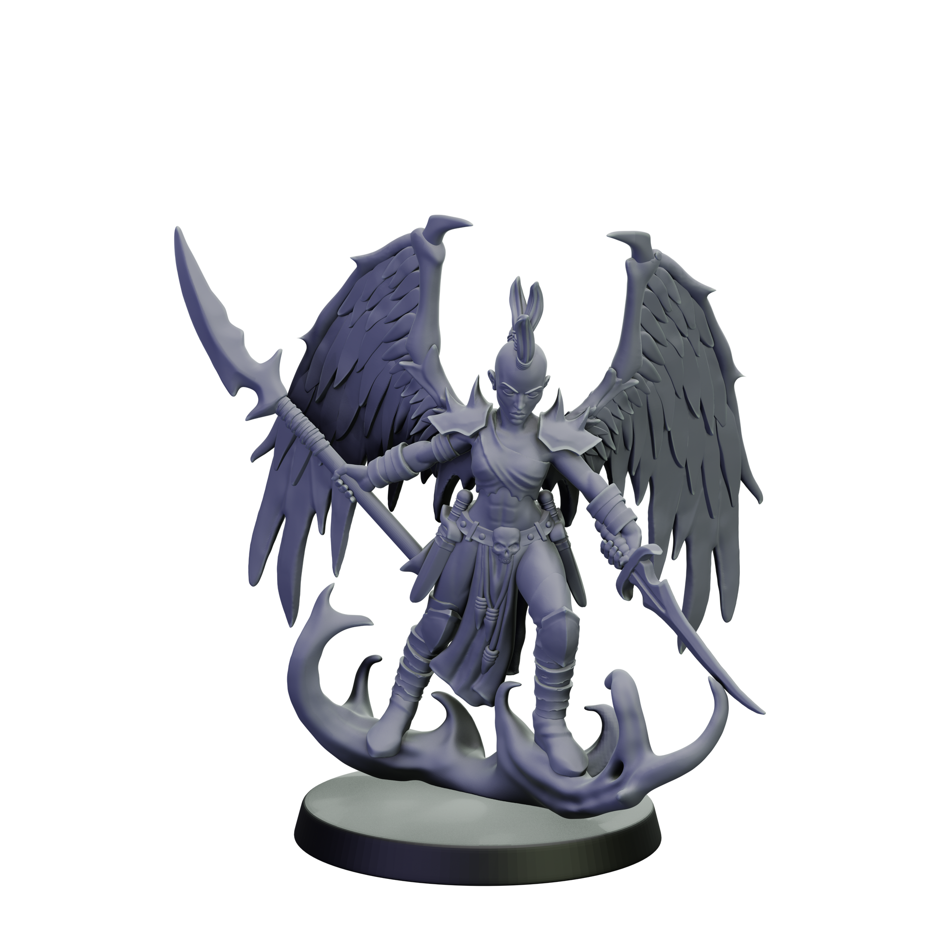 Fantasy figurine with wings and armor on a white background