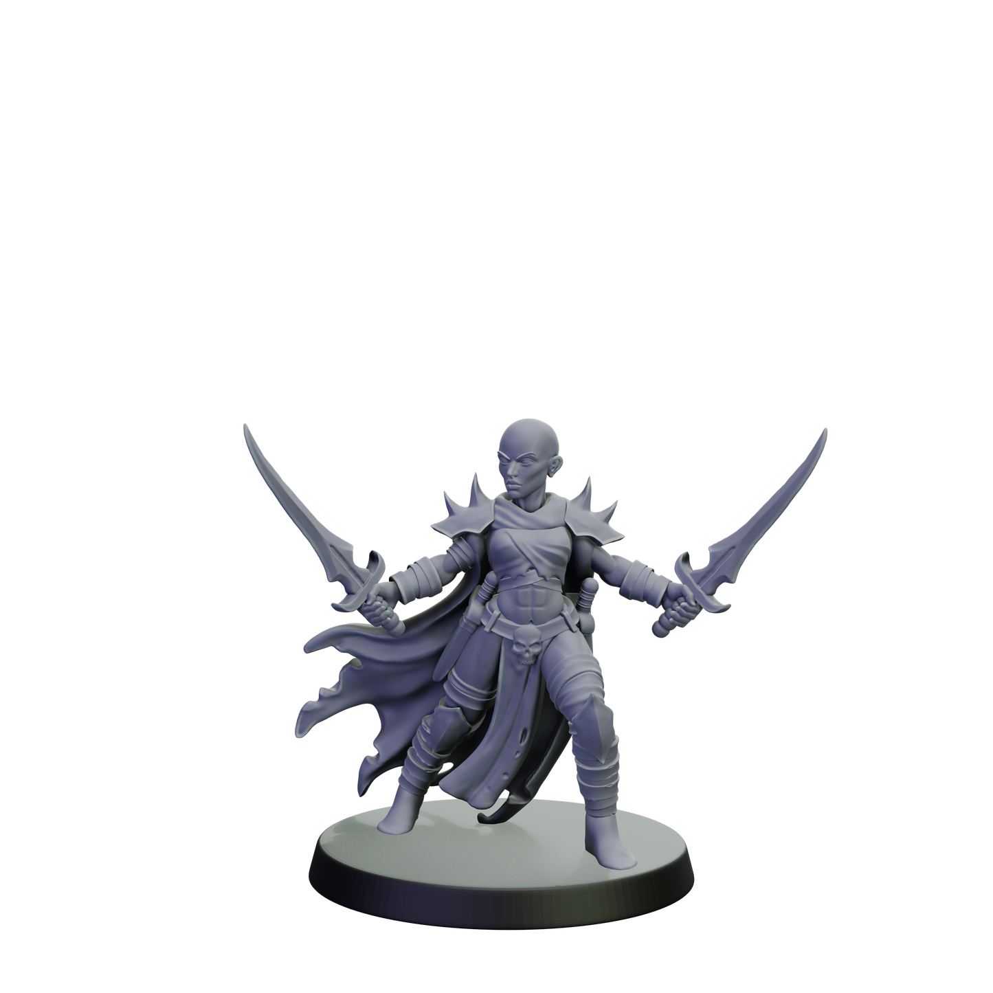 Gray fantasy figurine with dual swords on a white background