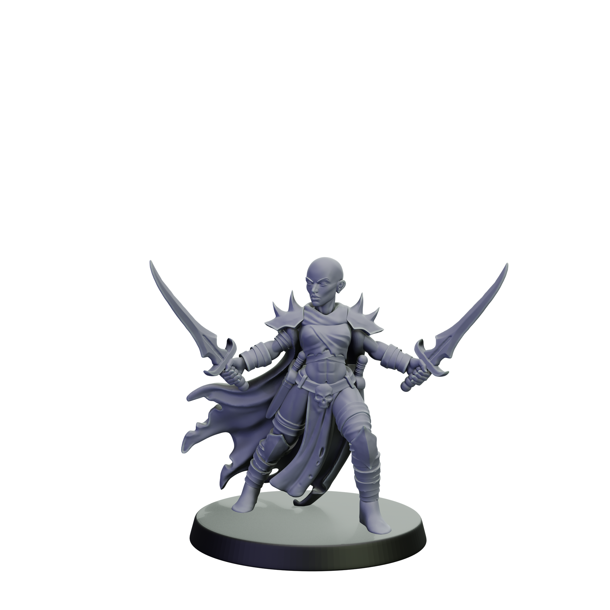 Gray fantasy figurine with dual swords on a white background