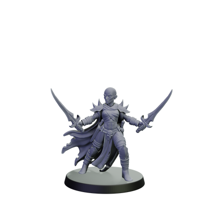 Gray fantasy figurine with dual swords on a white background