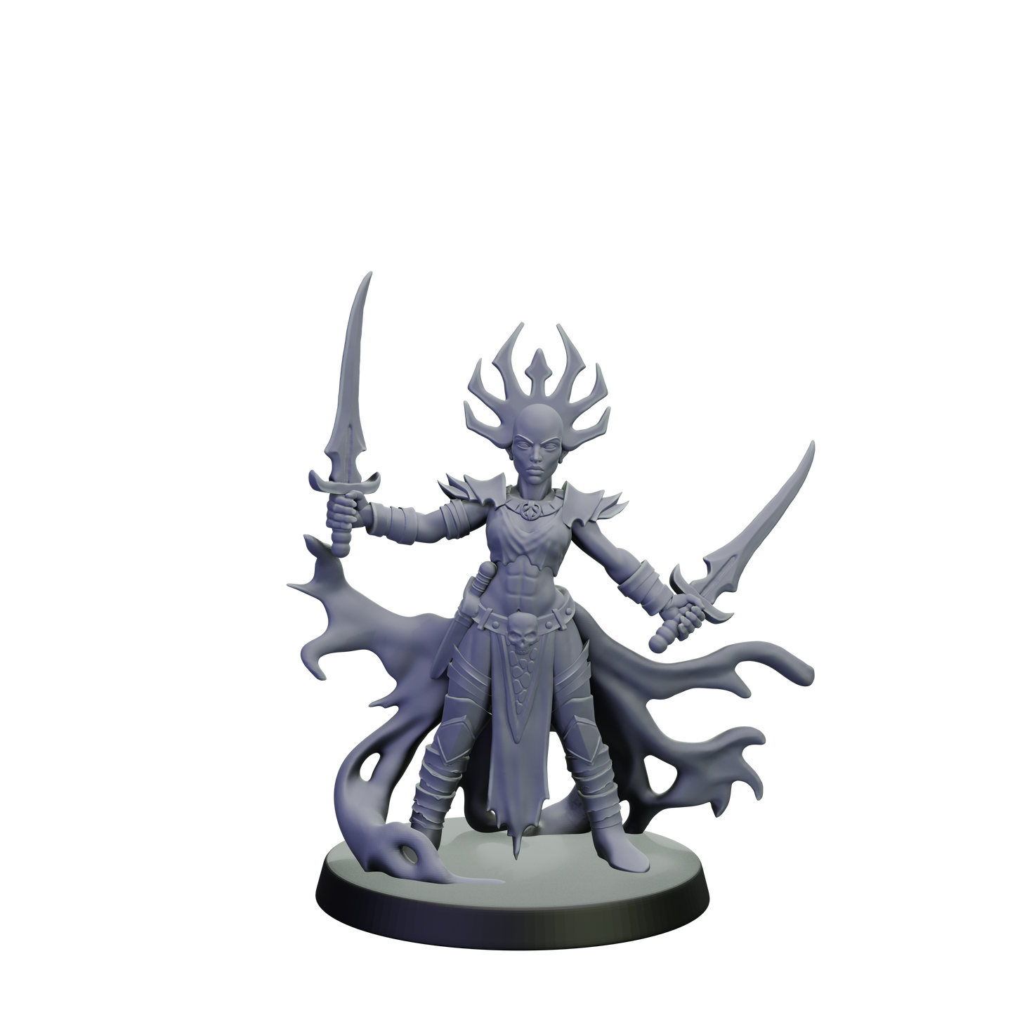 Gray fantasy figurine with a helmet and weapons on a white background