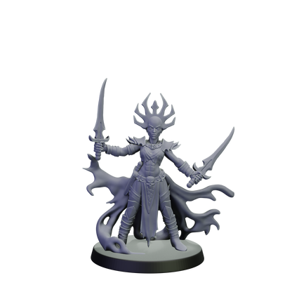 Gray fantasy figurine with a helmet and weapons on a white background