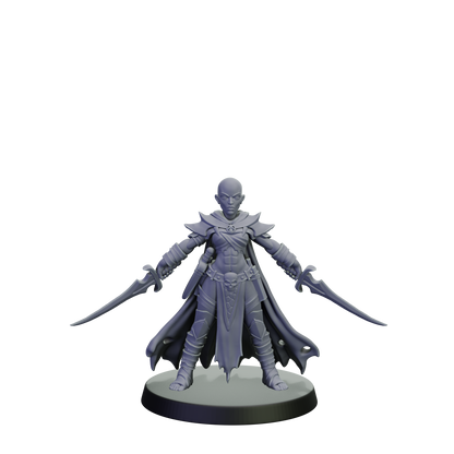 Gray fantasy figurine with a cape and two swords on a white background
