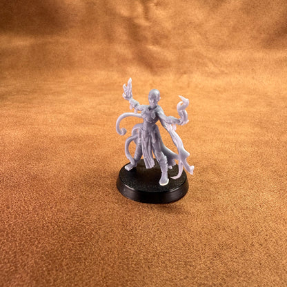 White fantasy figurine on a black base against a brown textured background