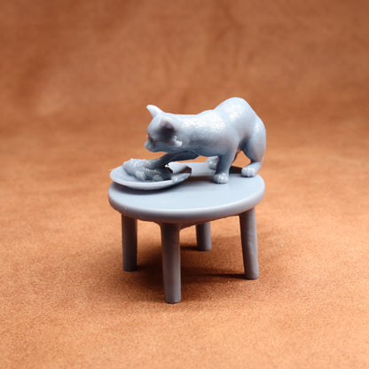 Miniature figurine of a cat on a small table with a fish, all in a light gray color, on a brown background.