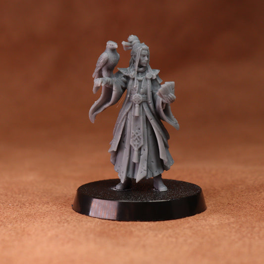 A small gray fantasy miniature figurine of a robed figure holding a raven, standing on a round black base against a warm brown textured background.